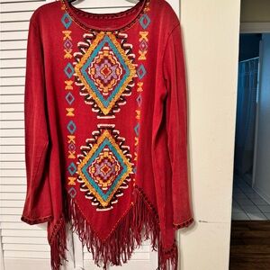 Double D Ranch Red Long Sleeve Top with Fringe